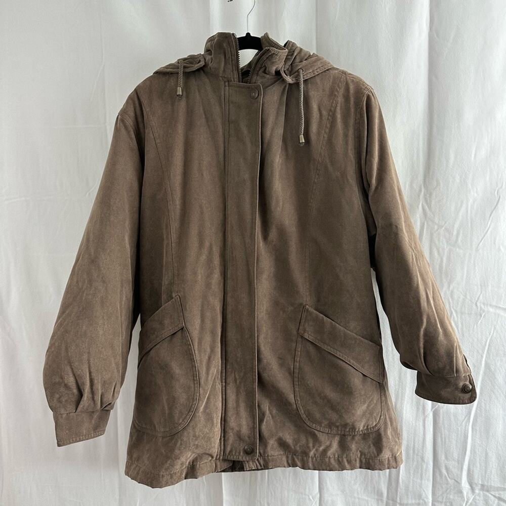 Bromley Sport Faux Suede Brown Hooded Jacket Womens Size Large